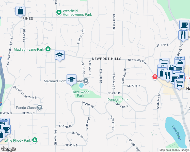 map of restaurants, bars, coffee shops, grocery stores, and more near 12116 Southeast 71st Place in Newcastle