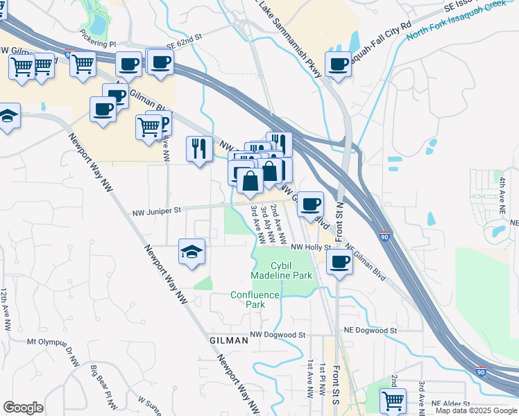 map of restaurants, bars, coffee shops, grocery stores, and more near 245 Northwest Juniper Street in Issaquah