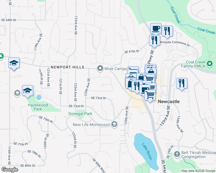 map of restaurants, bars, coffee shops, grocery stores, and more near 7018 127th Place Southeast in Newcastle