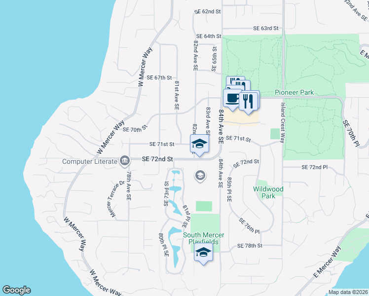 map of restaurants, bars, coffee shops, grocery stores, and more near 8106 Southeast 71st Street in Mercer Island