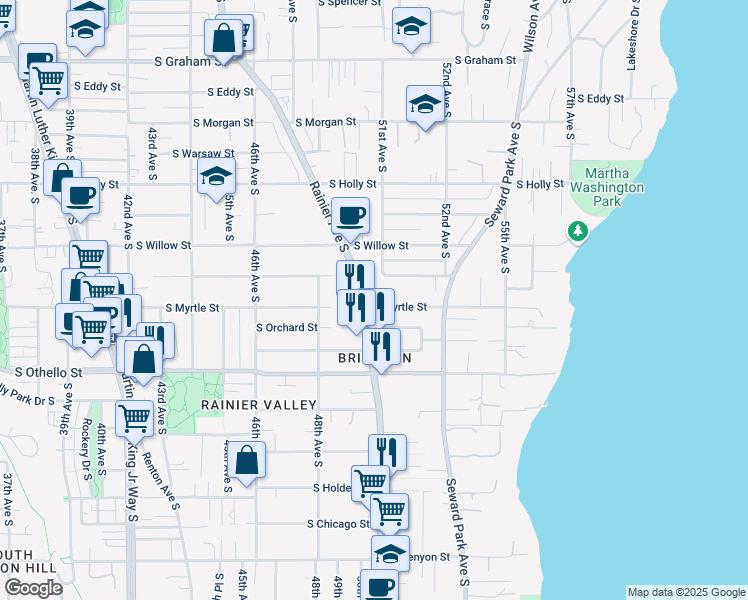 map of restaurants, bars, coffee shops, grocery stores, and more near 7005 Rainier Avenue South in Seattle