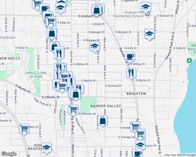 map of restaurants, bars, coffee shops, grocery stores, and more near 4427 South Frontenac Street in Seattle