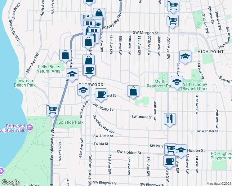 map of restaurants, bars, coffee shops, grocery stores, and more near 4009 Southwest Myrtle Street in Seattle