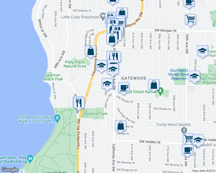 map of restaurants, bars, coffee shops, grocery stores, and more near 7110 44th Avenue Southwest in Seattle