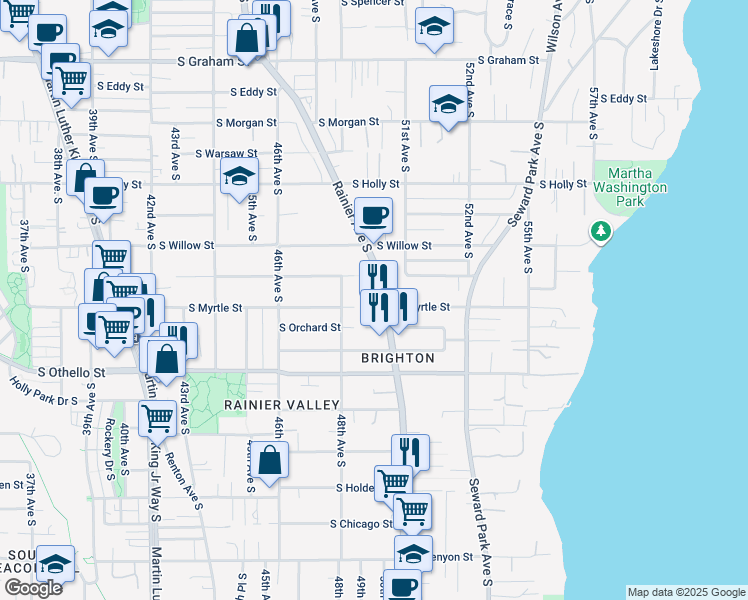 map of restaurants, bars, coffee shops, grocery stores, and more near 7005 Rainier Avenue South in Seattle