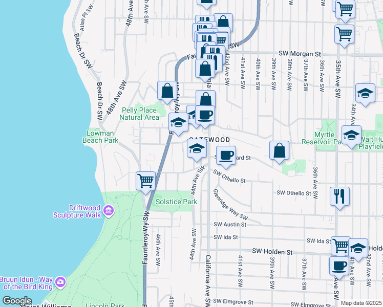 map of restaurants, bars, coffee shops, grocery stores, and more near 7125 44th Avenue Southwest in Seattle