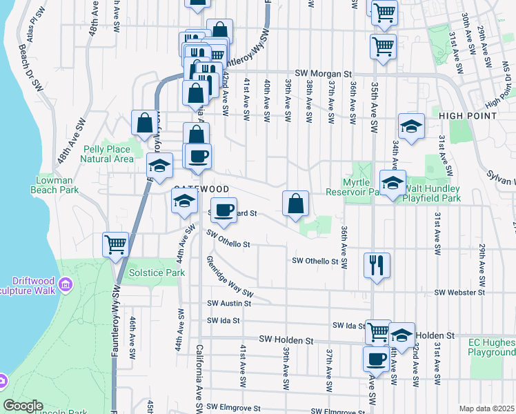 map of restaurants, bars, coffee shops, grocery stores, and more near 4009 Southwest Myrtle Street in Seattle
