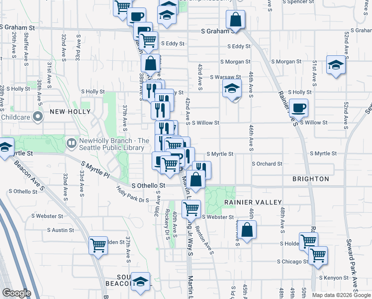 map of restaurants, bars, coffee shops, grocery stores, and more near 7005 42nd Avenue South in Seattle