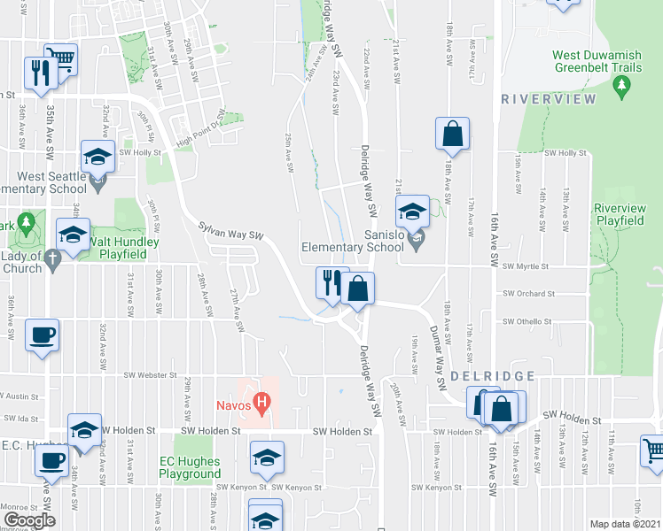 map of restaurants, bars, coffee shops, grocery stores, and more near 24th Ave SW & SW Myrtle St in Seattle