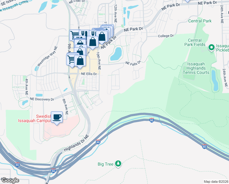map of restaurants, bars, coffee shops, grocery stores, and more near 1187 Pine Crest Circle Northeast in Issaquah