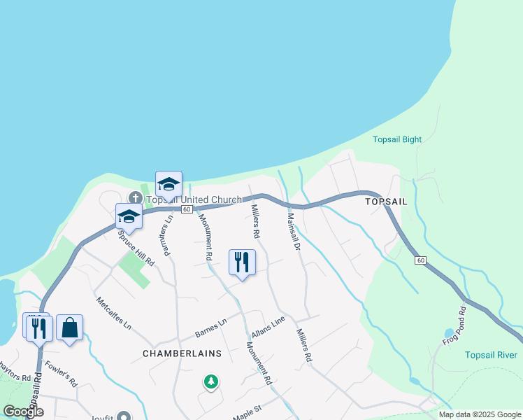 map of restaurants, bars, coffee shops, grocery stores, and more near 25 Millers Road in Conception Bay South