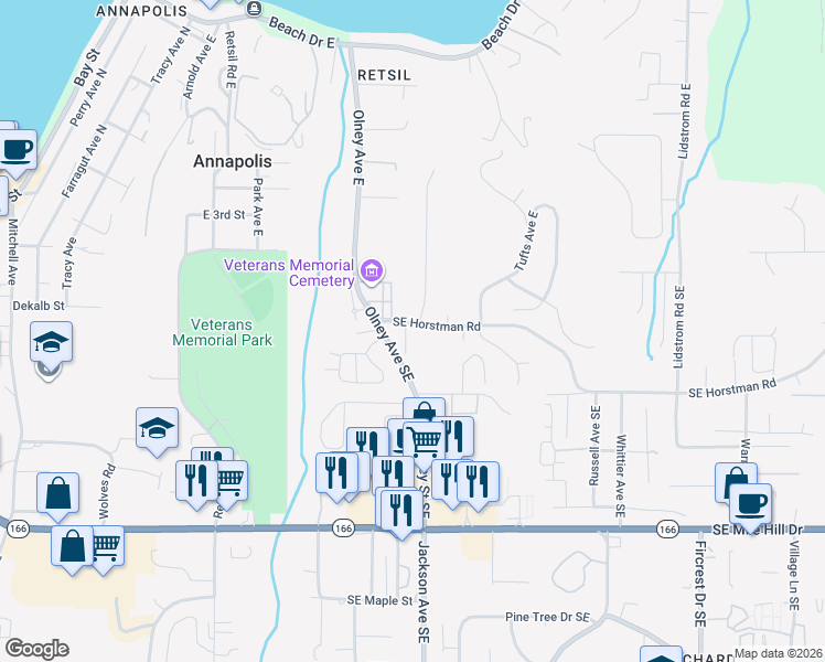 map of restaurants, bars, coffee shops, grocery stores, and more near 3130 Southeast Horstman Road in Port Orchard