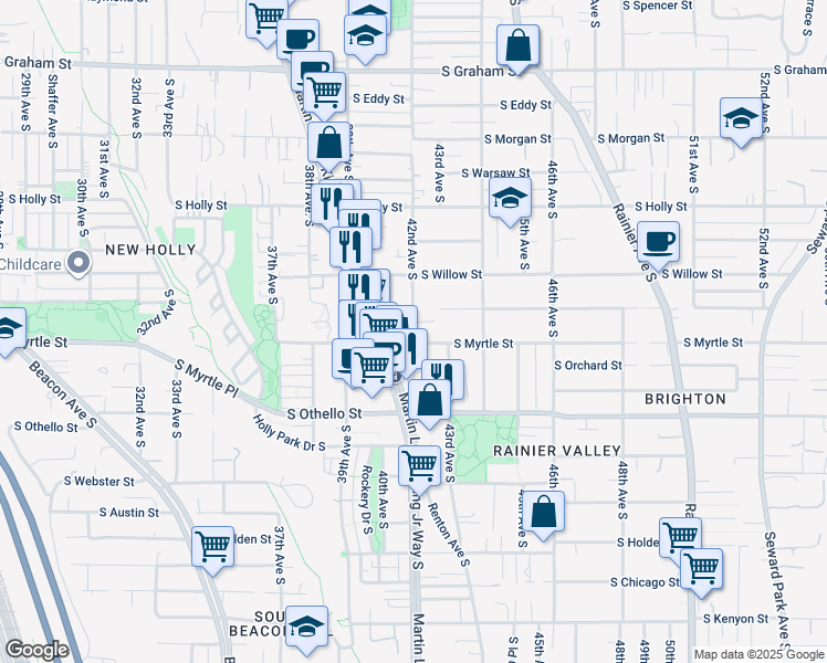 map of restaurants, bars, coffee shops, grocery stores, and more near 7005 42nd Avenue South in Seattle