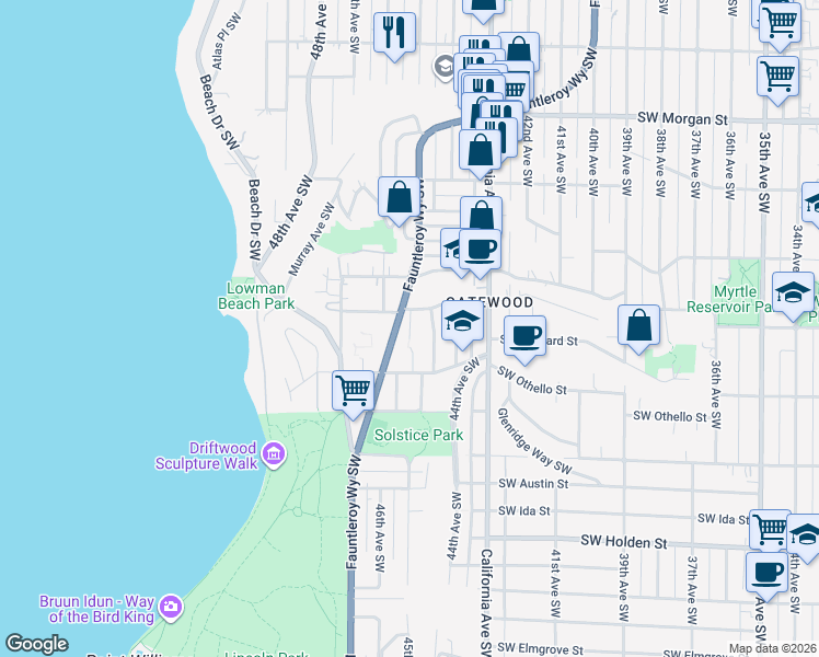 map of restaurants, bars, coffee shops, grocery stores, and more near in Seattle