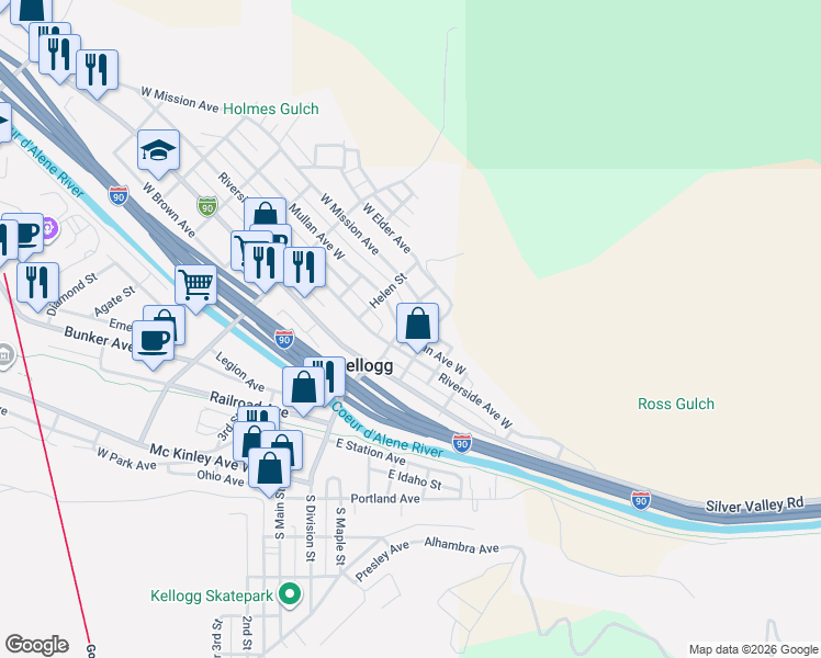 map of restaurants, bars, coffee shops, grocery stores, and more near 10 Mullan Avenue West in Kellogg