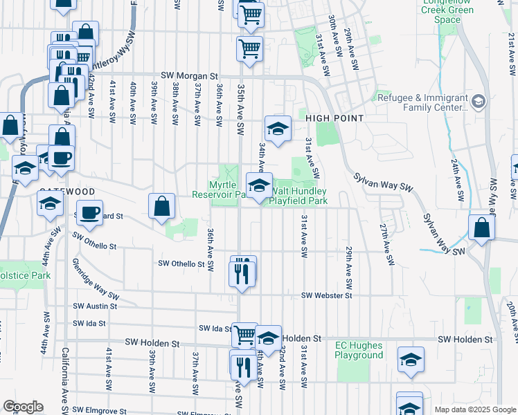 map of restaurants, bars, coffee shops, grocery stores, and more near 3410 Southwest Myrtle Street in Seattle