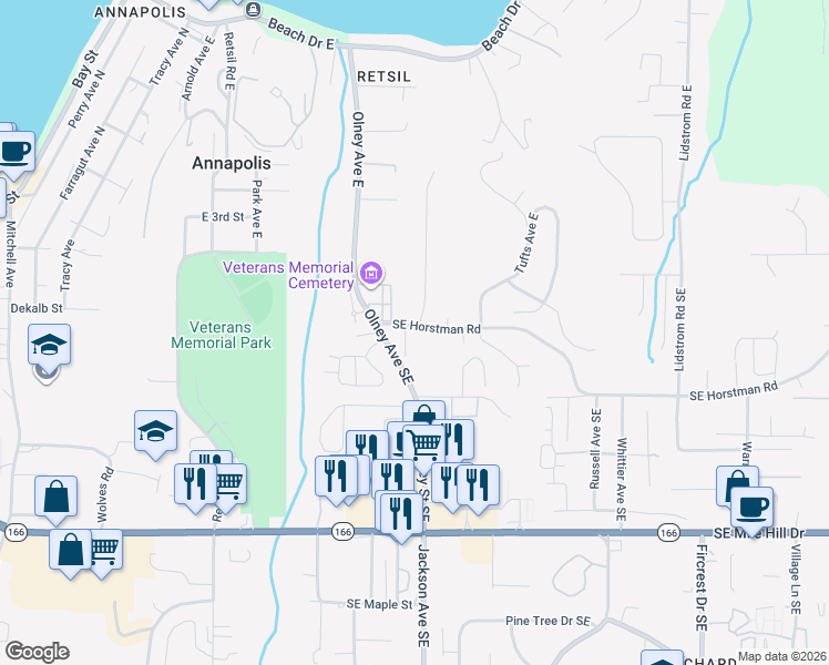map of restaurants, bars, coffee shops, grocery stores, and more near 3130 Southeast Horstman Road in Port Orchard