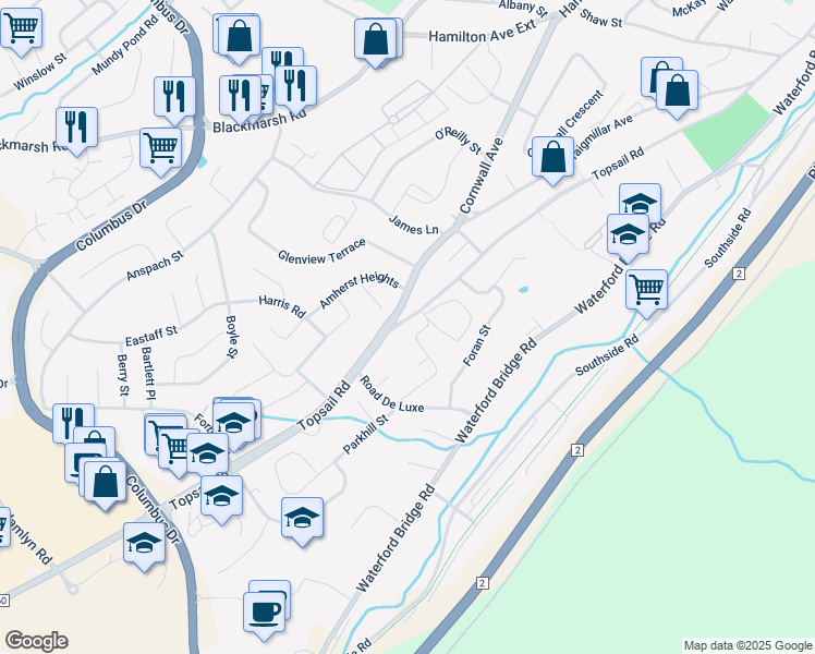 map of restaurants, bars, coffee shops, grocery stores, and more near 245 Topsail Road in St. John's