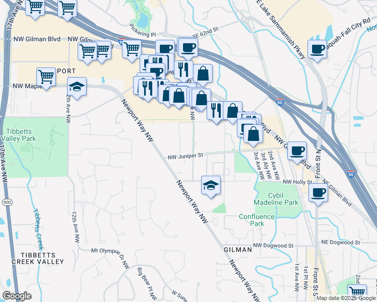 map of restaurants, bars, coffee shops, grocery stores, and more near 710 Juniper Trail in Issaquah