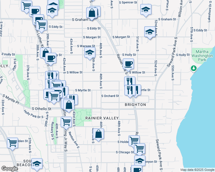 map of restaurants, bars, coffee shops, grocery stores, and more near 4639 South Frontenac Street in Seattle