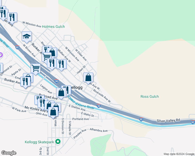 map of restaurants, bars, coffee shops, grocery stores, and more near 515 North Elm Street in Kellogg