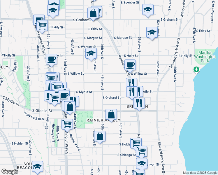 map of restaurants, bars, coffee shops, grocery stores, and more near 4639 South Frontenac Street in Seattle