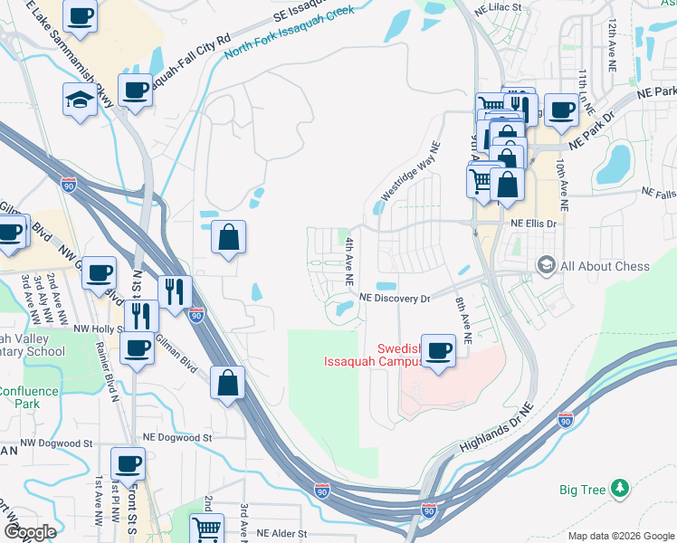 map of restaurants, bars, coffee shops, grocery stores, and more near 358 Northeast Darby Lane in Issaquah