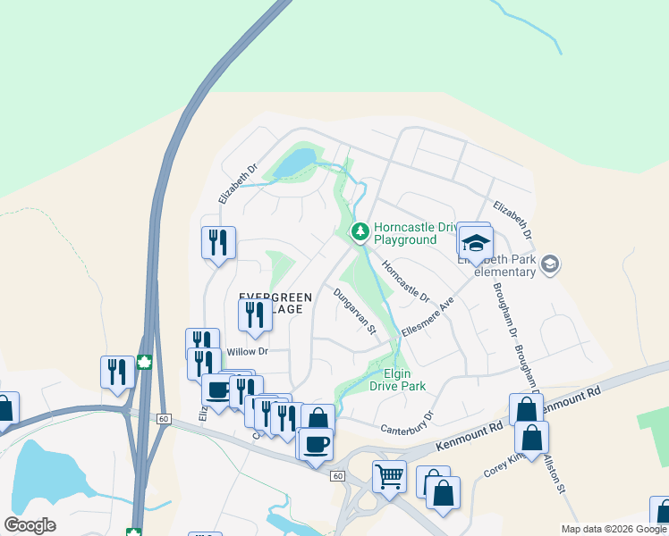 map of restaurants, bars, coffee shops, grocery stores, and more near Carlisle Drive in Paradise