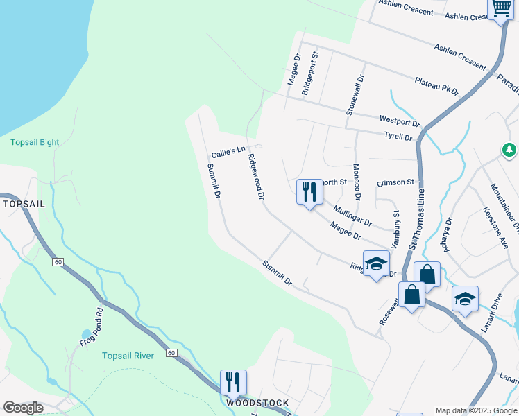 map of restaurants, bars, coffee shops, grocery stores, and more near 97 Ridgewood Drive in Paradise