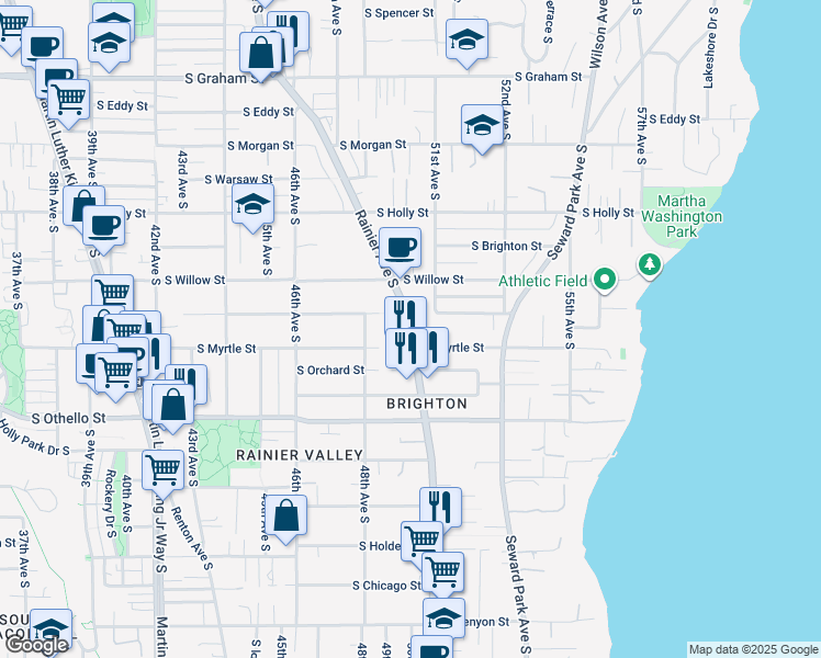 map of restaurants, bars, coffee shops, grocery stores, and more near 7005 Rainier Avenue South in Seattle