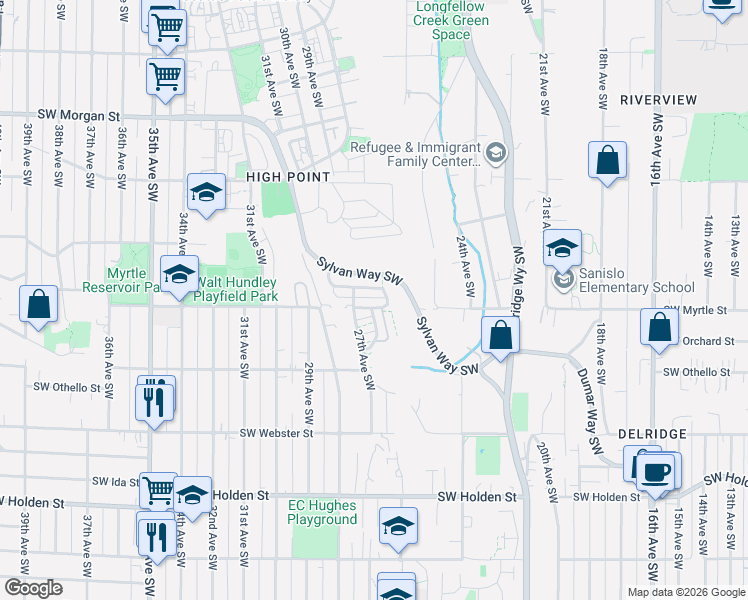 map of restaurants, bars, coffee shops, grocery stores, and more near 2667 Southwest Sylvan Heights Drive in Seattle