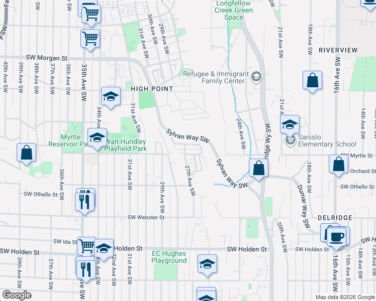 map of restaurants, bars, coffee shops, grocery stores, and more near 2667 Southwest Sylvan Heights Drive in Seattle