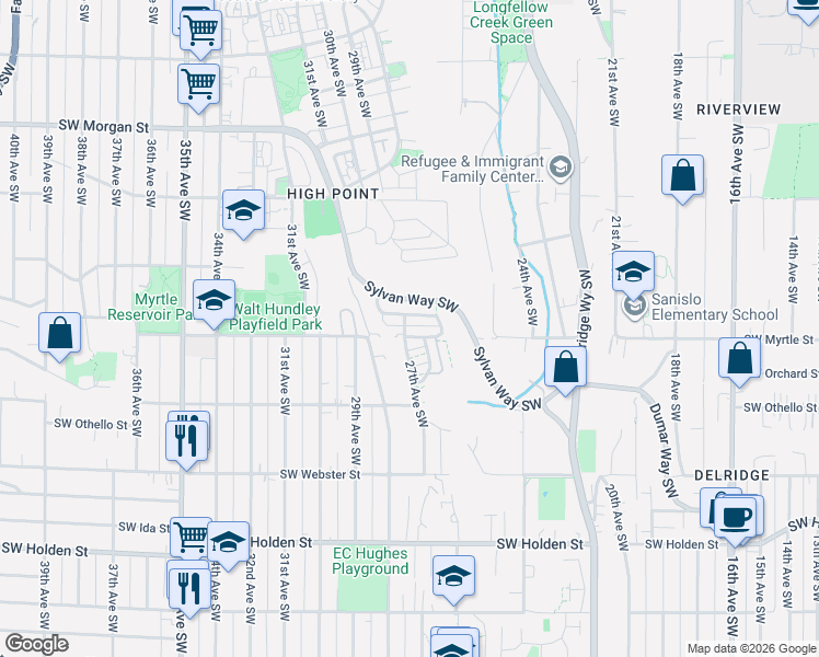 map of restaurants, bars, coffee shops, grocery stores, and more near 2667 Southwest Sylvan Heights Drive in Seattle