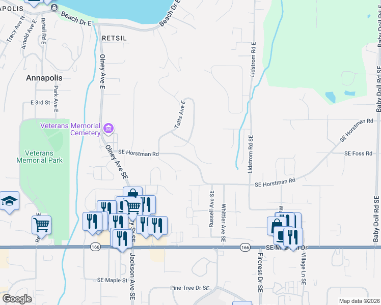 map of restaurants, bars, coffee shops, grocery stores, and more near 3530 East Calistoga Court in Port Orchard