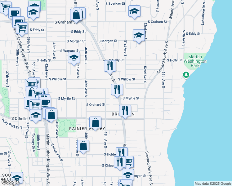 map of restaurants, bars, coffee shops, grocery stores, and more near 7009 Rainier Avenue South in Seattle