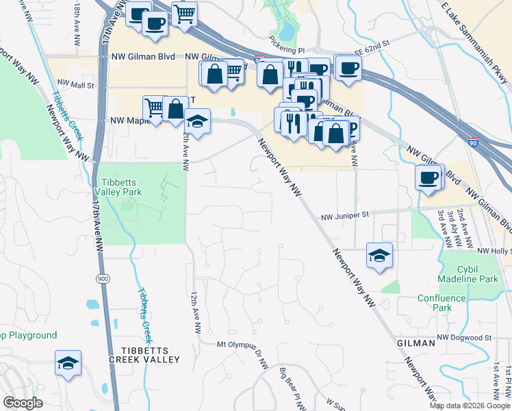 map of restaurants, bars, coffee shops, grocery stores, and more near 980 Northwest Inneswood Place in Issaquah