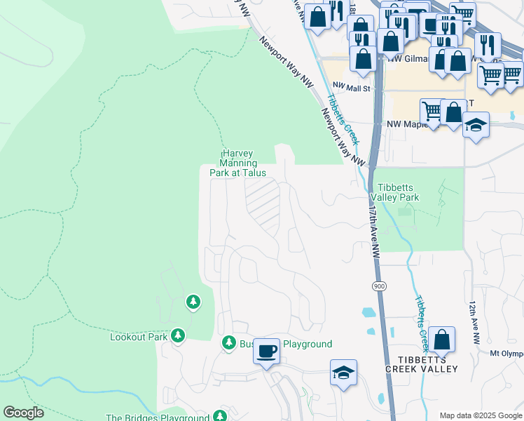 map of restaurants, bars, coffee shops, grocery stores, and more near 2163 Northwest Spring Fork Lane in Issaquah