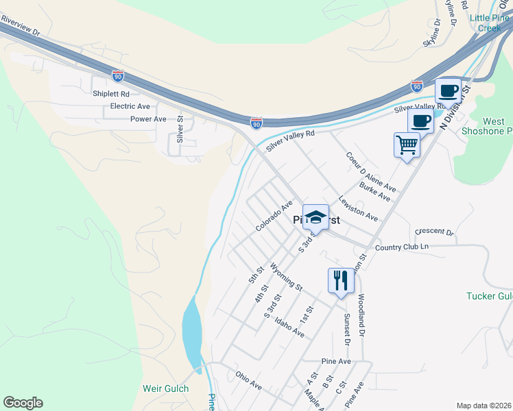 map of restaurants, bars, coffee shops, grocery stores, and more near 614 Oregon Street in Pinehurst