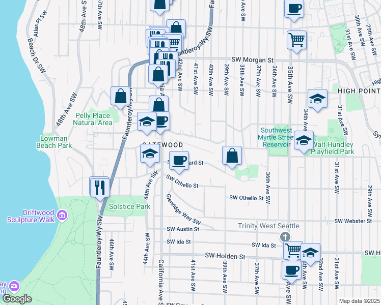 map of restaurants, bars, coffee shops, grocery stores, and more near 7116 42nd Avenue Southwest in Seattle