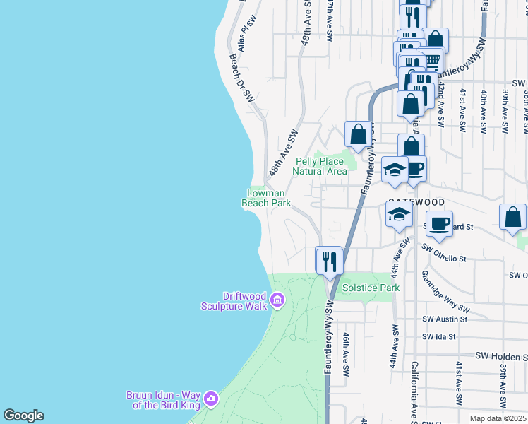 map of restaurants, bars, coffee shops, grocery stores, and more near 7043 Beach Drive Southwest in Seattle