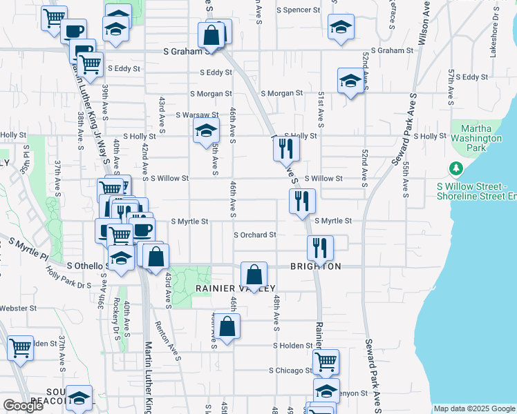 map of restaurants, bars, coffee shops, grocery stores, and more near 4639 South Frontenac Street in Seattle