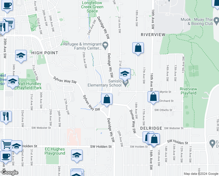 map of restaurants, bars, coffee shops, grocery stores, and more near 7045 Delridge Way Southwest in Seattle