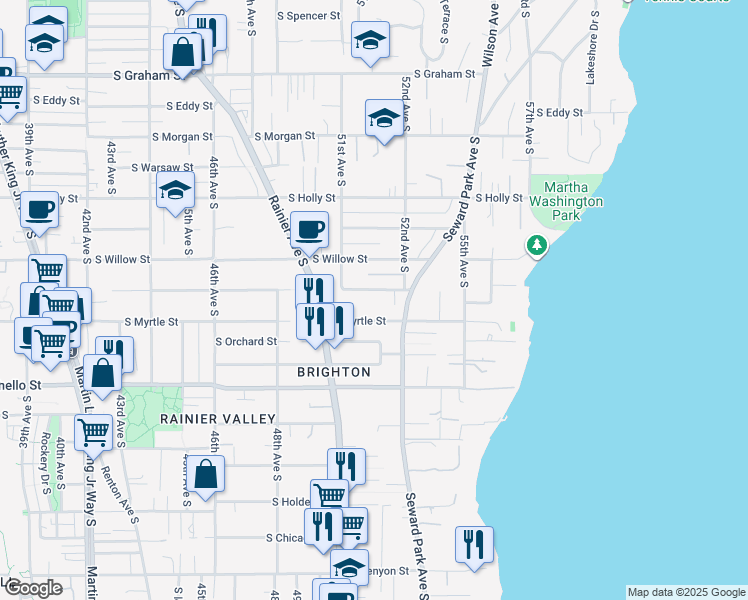 map of restaurants, bars, coffee shops, grocery stores, and more near 5141 South Frontenac Street in Seattle