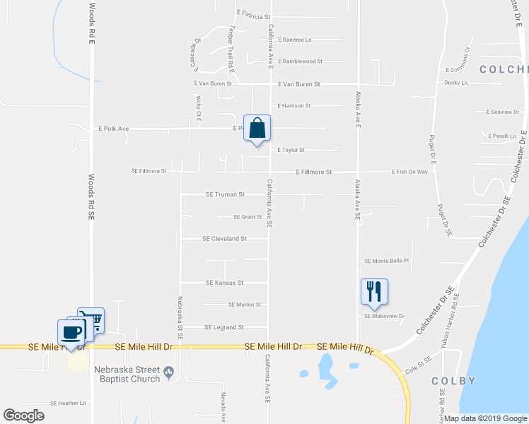 map of restaurants, bars, coffee shops, grocery stores, and more near 7179 Southeast Grant Street in Port Orchard