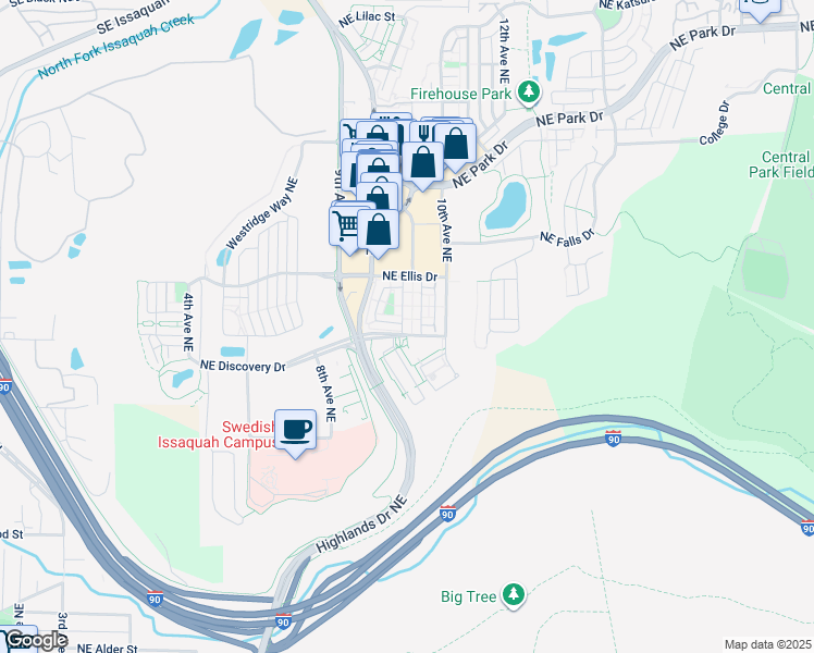 map of restaurants, bars, coffee shops, grocery stores, and more near 1313 Greenwich Walk Northeast in Issaquah