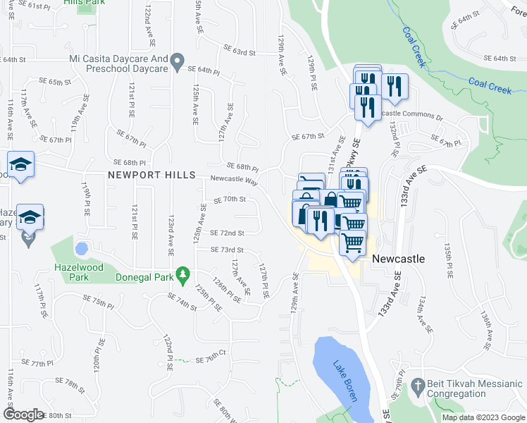 map of restaurants, bars, coffee shops, grocery stores, and more near 7018 127th Place Southeast in Newcastle