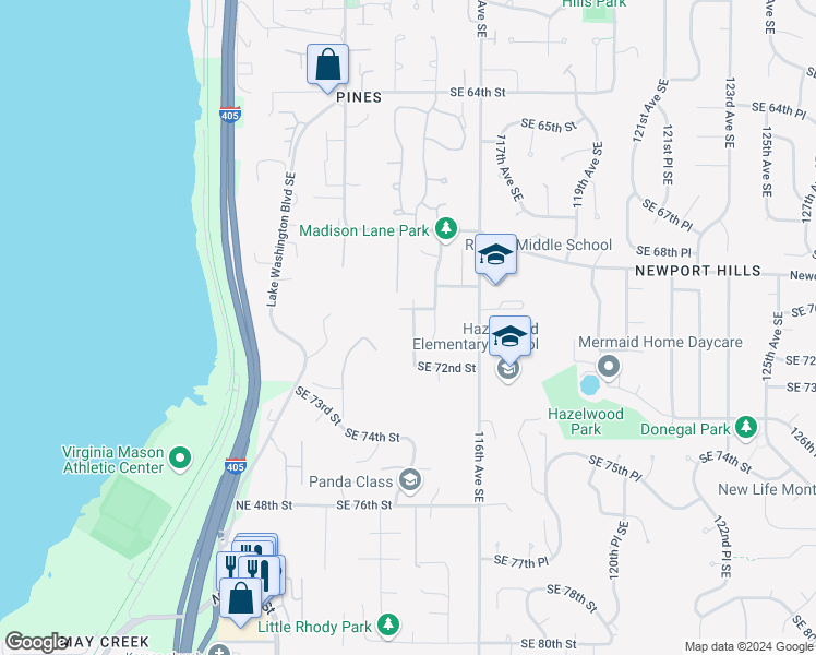 map of restaurants, bars, coffee shops, grocery stores, and more near 7115 114th Avenue Southeast in Newcastle