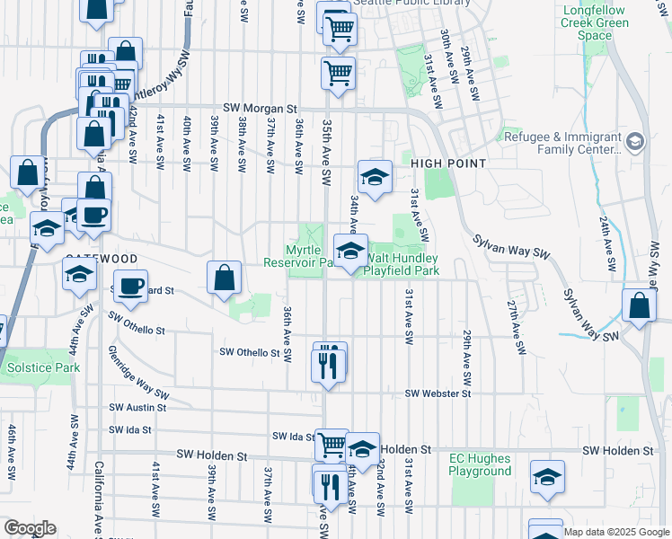 map of restaurants, bars, coffee shops, grocery stores, and more near 3410 Southwest Myrtle Street in Seattle