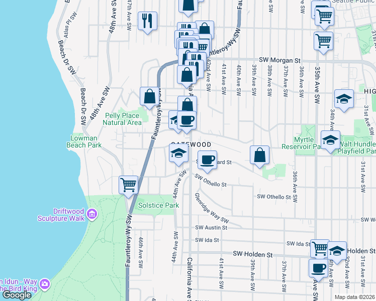 map of restaurants, bars, coffee shops, grocery stores, and more near 7110 44th Avenue Southwest in Seattle