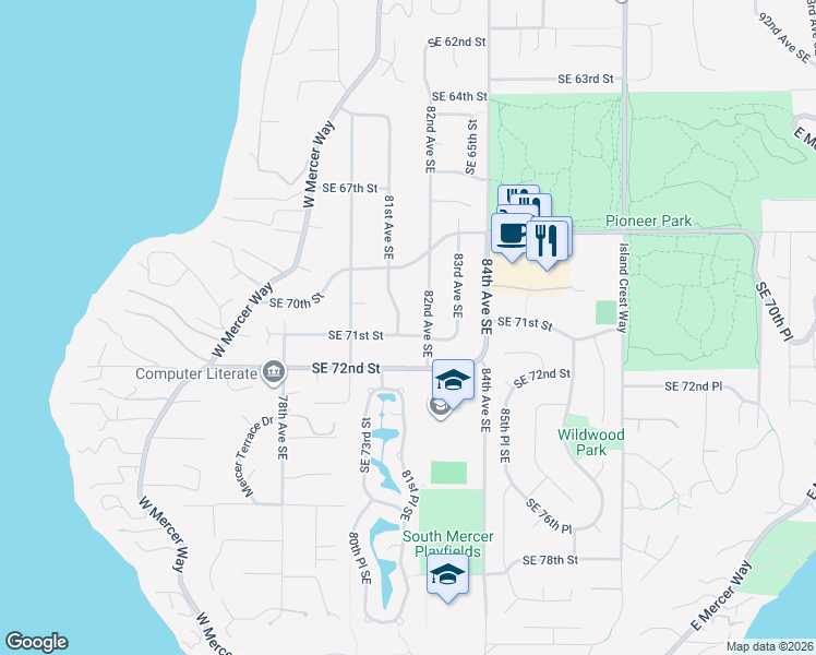 map of restaurants, bars, coffee shops, grocery stores, and more near 8106 Southeast 71st Street in Mercer Island